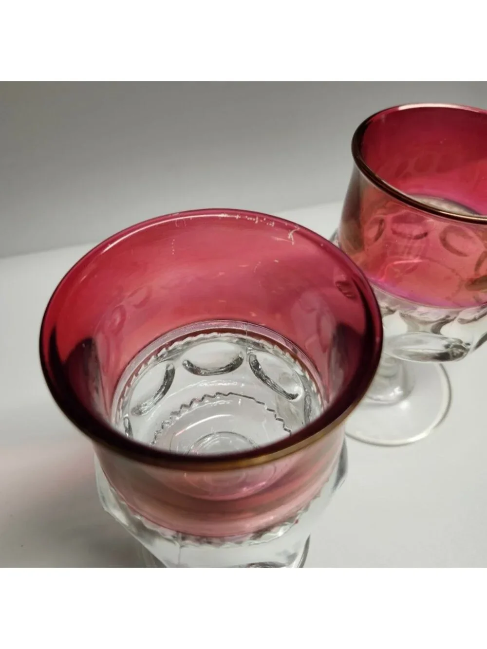 Tiffin Franciscan Cranberry Thumbprint King's Crown Vintage Glass Goblets Set
